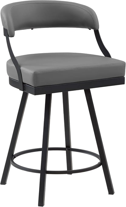 Lexicon Swivel Counter Height Stools Set of 2 - Counter Height Stools for Kitchen Island, Padded Seat, Open Back, Sturdy Black Metal Frame Finish and Grey Faux Leather Cushion Seat, Grey