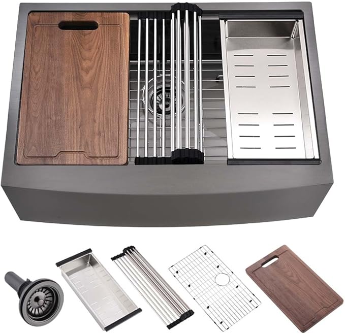 33 Inch Black Farmhouse Sink Workstation-Hovheir 33x21 Farmhouse Kitchen Sink Black Stainless Steel Apron Front 16 Gauge Single Bowl Deep Kitchen Farm Sink with Cutting Board