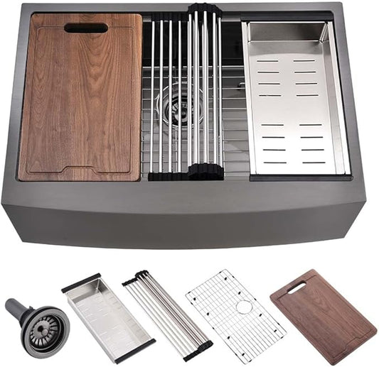 33 Inch Black Farmhouse Sink Workstation-Hovheir 33x21 Farmhouse Kitchen Sink Black Stainless Steel Apron Front 16 Gauge Single Bowl Deep Kitchen Farm Sink with Cutting Board