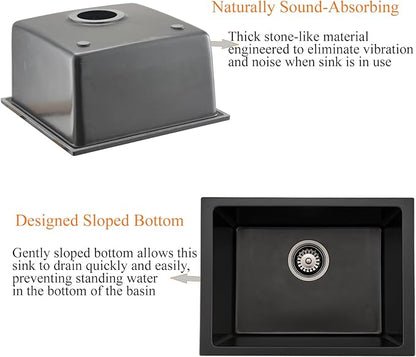 24 Inch Undermount Black Kitchen Sink-Bokaiya 24x19 Inch Undermount Wet Bar Sink Quartz Matte Black Small Outdoor Rv Kitchen Sink Granite Composite Single Bowl Kitchen Sink