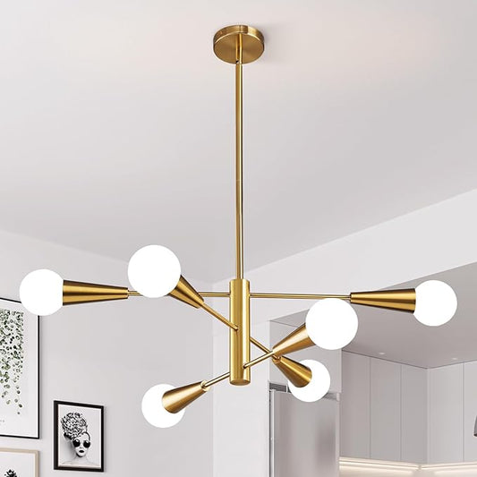 KAISITE Sputnik Chandelier Modern Gold Chandelier 6-Light E26 Mid Century Ceiling Light Fixture Height Adjustable Hanging Pendant Lighting for Dining Room Kitchen Island Bedroom Office