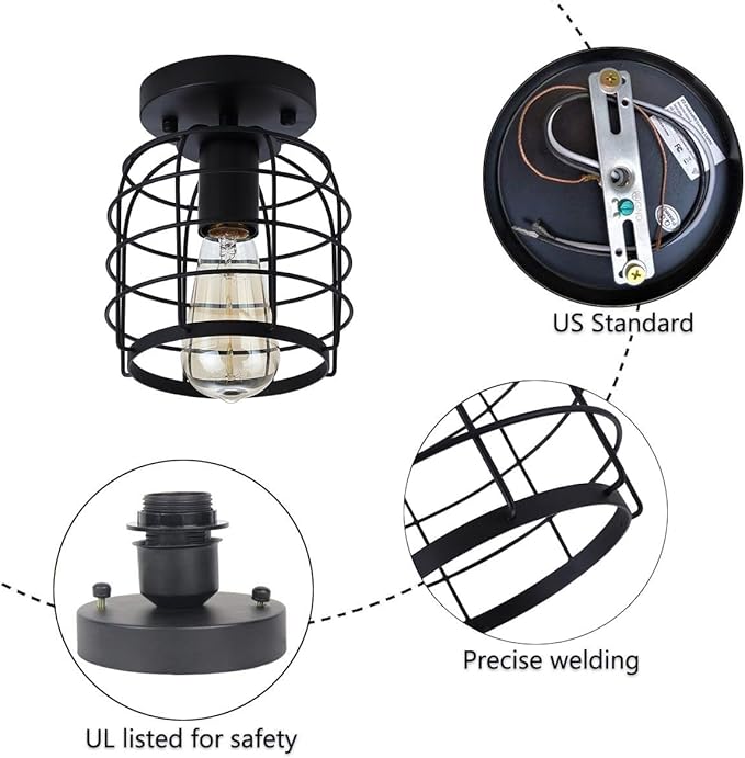 Create For Life® Industrial Vintage Flush Mount Ceiling Light,Rustic Metal Cage Semi Flush Mount Ceiling Lamp Fixture for Hallway Stairway Kitchen Garage, E26, Black Finish,2 Pack