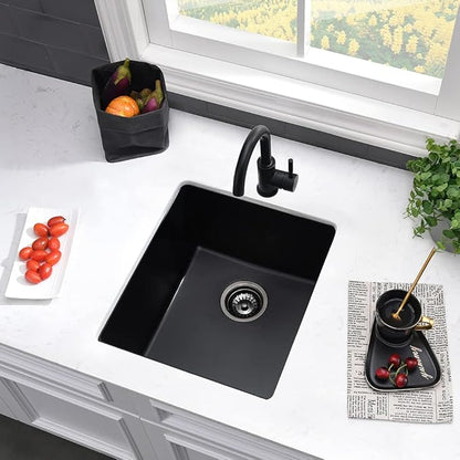 17 Inch Undermount Bar Sink Black-VASOYO 17x19 Small Kitchen Sink Black Quartz Wet Bar Sinks Outdoor Rv Single Bowl Kitchen Sinks with Bottom Grid