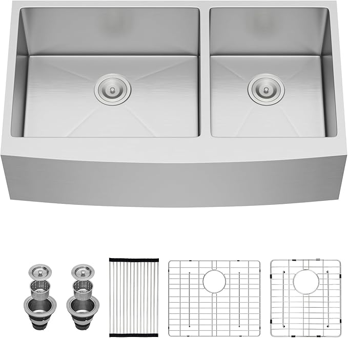 Sarlai 36 Stainless Farmhouse Sink Double Bowl - 36x21 Inch Apron Front Kitchen Sink Stainless Steel Farm 60/40 Farmer Double Kitchen Sinks 16 Gauge Round Corner Undermount Farm Sinks Basin