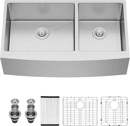 Sarlai 36 Stainless Farmhouse Sink Double Bowl - 36x21 Inch Apron Front Kitchen Sink Stainless Steel Farm 60/40 Farmer Double Kitchen Sinks 16 Gauge Round Corner Undermount Farm Sinks Basin