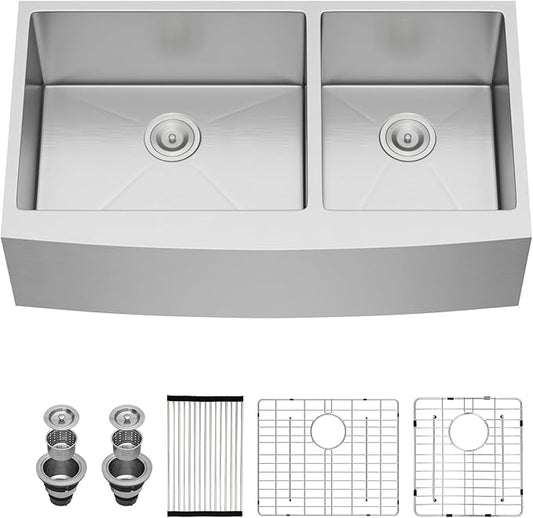Sarlai 36 Stainless Farmhouse Sink Double Bowl - 36x21 Inch Apron Front Kitchen Sink Stainless Steel Farm 60/40 Farmer Double Kitchen Sinks 16 Gauge Round Corner Undermount Farm Sinks Basin