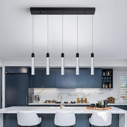 5 Black Pendant Lights Kitchen Island Modern with Adjustable Height - Clear Cylinder Island Lights, 3000-6000K Dimmable Kitchen Pendant Lighting for, Dining Room, Bar Counter