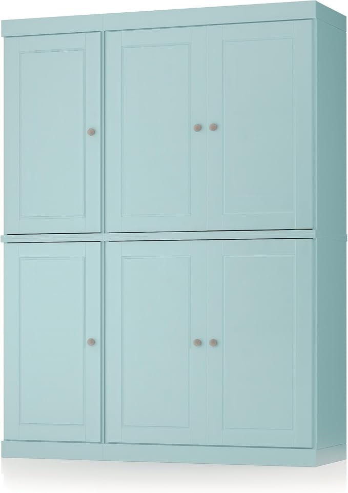 Palace Imports Solid Wood Kitchen Pantry Cabinet 71.5" Tall, 48.5" Wide – Freestanding Storage Cupboard with Adjustable Shelves – Aqua, Renewable Eco-Friendly 100% Wood, Made in Brazil