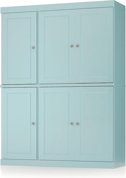 Palace Imports Solid Wood Kitchen Pantry Cabinet 71.5" Tall, 48.5" Wide – Freestanding Storage Cupboard with Adjustable Shelves – Aqua, Renewable Eco-Friendly 100% Wood, Made in Brazil