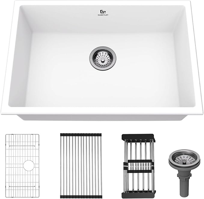 Quartz Kitchen Sink, 27 Inch White Undermount Kitchen Sinks, Deep Single Bowl Granite Composite Sink, Modern Sinks Providing Complete Accessories, Spacious Workspace and Easy Cleaning