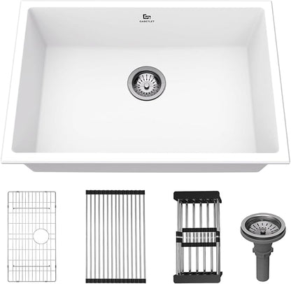 Quartz Kitchen Sink, 27 Inch White Undermount Kitchen Sinks, Deep Single Bowl Granite Composite Sink, Modern Sinks Providing Complete Accessories, Spacious Workspace and Easy Cleaning