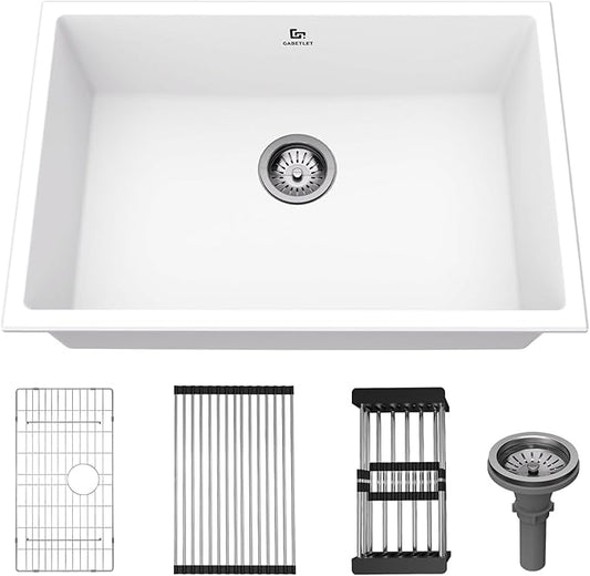 Quartz Kitchen Sink, 27 Inch White Undermount Kitchen Sinks, Deep Single Bowl Granite Composite Sink, Modern Sinks Providing Complete Accessories, Spacious Workspace and Easy Cleaning