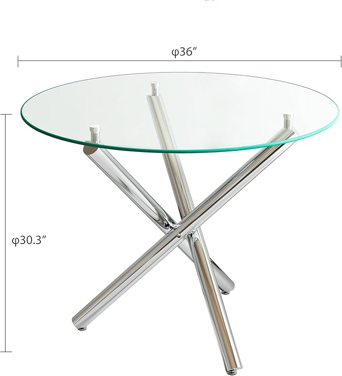 Pvillez 36“ Round Dining Table for 4, Contemporary Tempered Glass Dining Table, Small Dinner Table with Silver Cross Metal Base, Round Clear Kitchen Table Writing Desk for Dining Kitchen