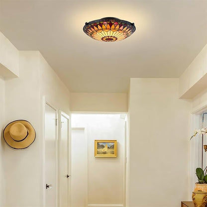 Kira Home Mateo 16" Tiffany Style Flush Mount Ceiling Light, 2-Light Hand-Crafted Art Glass Sunflower Pattern, Black Finish