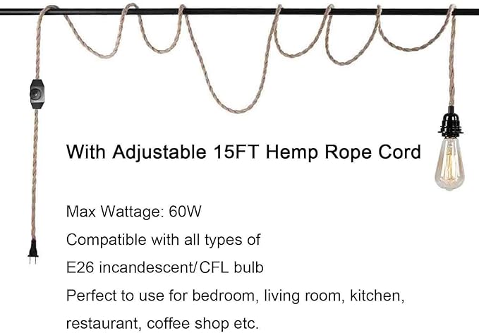 [2Pack 15FT]Pendant Light Cord Kit with Dimmer Switch,Twisted Hemp Rope Vintage Plug in Hanging Lighting,Industrial Lamp Socket Set E26,Extension Hanging Lantern Cable for Farmhouse,Retro DIY Projects