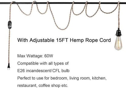 [2Pack 15FT]Pendant Light Cord Kit with Dimmer Switch,Twisted Hemp Rope Vintage Plug in Hanging Lighting,Industrial Lamp Socket Set E26,Extension Hanging Lantern Cable for Farmhouse,Retro DIY Projects
