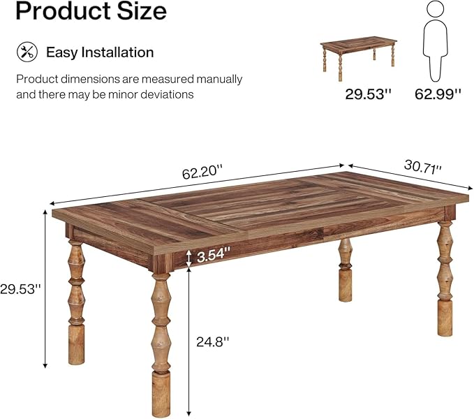 Farmhouse Dining Table, 62" Rectangular Wood Kitchen Table with Turned Legs, Rustic Farmhouse Dining Room Table for 4-6 People, for Dining Room, Kitchen and Living Room