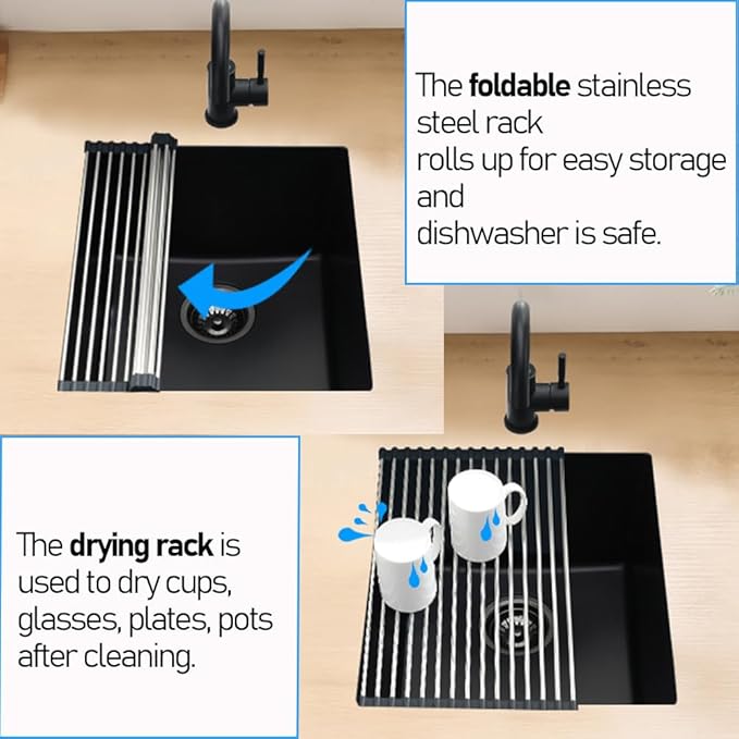 Black Undermount Bar Sink, 13 x 13 Inch Granite Composite Quartz Small Kitchen Sink Wet Bar Single Bowl Deep Basin with Countertop Squeegee Brush Combo