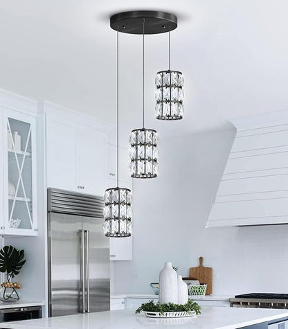3-Lights Modern Crystal Pendant Lights for Kitchen Island LED Dimmable Glam Pendant Lighting Chandelier for Dining Room Hallway Corner Lamp Black