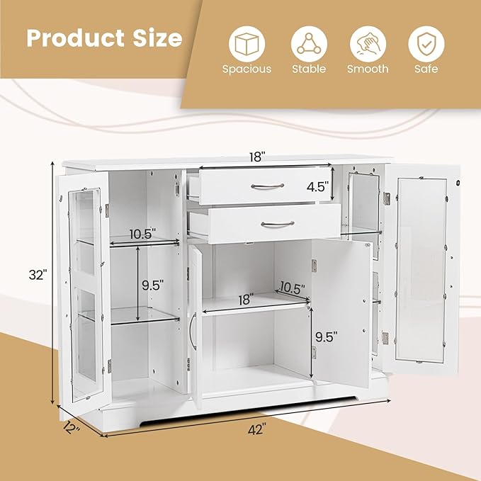 LOKO Modern Buffet Cabinet with Storage, Sideboard Credenza Cabinet with Two Drawers and Three Cabinets, Kitchen Buffet Storage Cabinet with Framed Tempered Glass Doors, 42 x 12 x 32 Inches (White)
