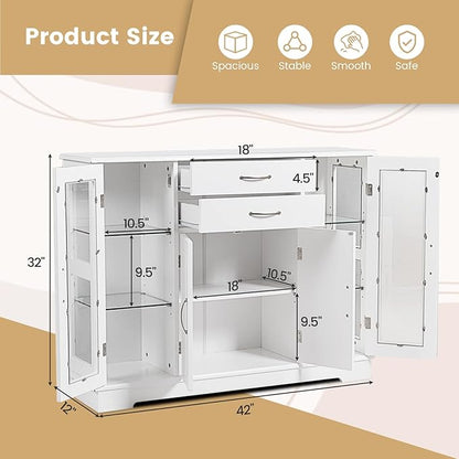 LOKO Modern Buffet Cabinet with Storage, Sideboard Credenza Cabinet with Two Drawers and Three Cabinets, Kitchen Buffet Storage Cabinet with Framed Tempered Glass Doors, 42 x 12 x 32 Inches (White)