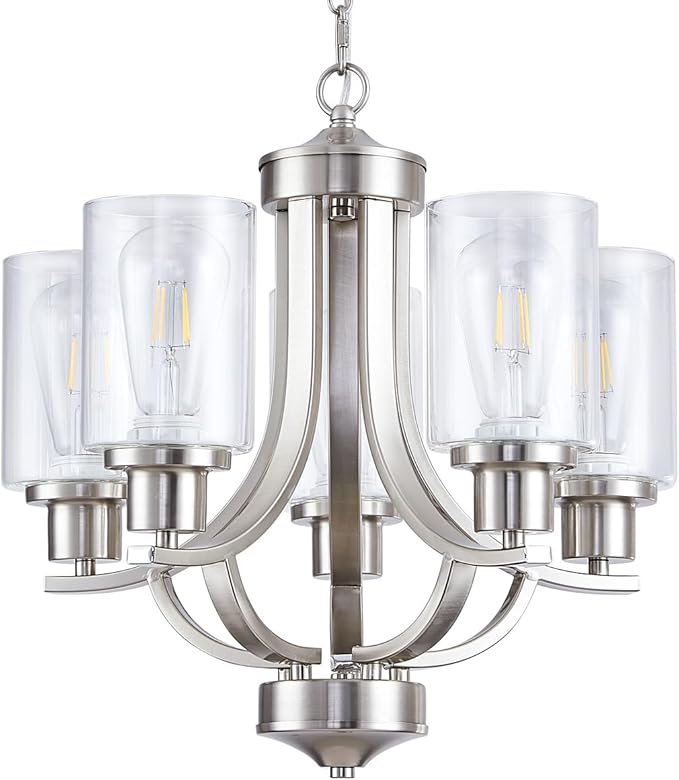 5-Light Dining Room Chandelier,Modern Small Chandeliers Farmhouse High Ceiling Pendant Light Fixtures for Living Room,Kitchen,Foyer,Bedroom (Brushed Nickel)