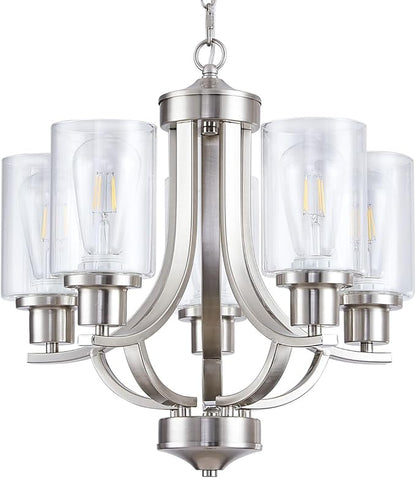 5-Light Dining Room Chandelier,Modern Small Chandeliers Farmhouse High Ceiling Pendant Light Fixtures for Living Room,Kitchen,Foyer,Bedroom (Brushed Nickel)