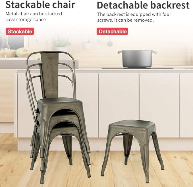 FDW Dining Chairs Set of 4 Metal Chairs Patio Chair Dining Room Kitchen Chair 18 Inches Seat Height Tolix Restaurant Chairs Trattoria Metal Indoor Outdoor Chairs Bar Stackable Chair