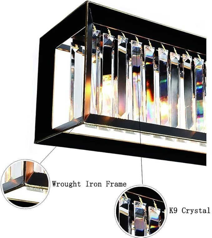 Crystal Black Chandeliers for Dining Room, Modern Linear Chandelier with 5 Light, Rectangle Farmhouse Semi Flush Mount Ceiling Pendant Light Fixture for Kitchen Island