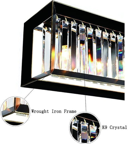 Crystal Black Chandeliers for Dining Room, Modern Linear Chandelier with 5 Light, Rectangle Farmhouse Semi Flush Mount Ceiling Pendant Light Fixture for Kitchen Island