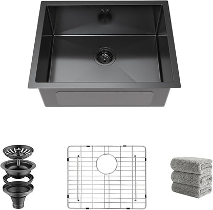Kitchen Sink 23x18 Inch Undermount Kitchen Sink Gunmetal Black 16 Gauge Stainless Steel Single Bowl with Accessories Round Corners Handmade
