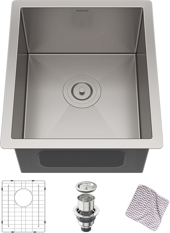 MENSARJOR Undermount Kitchen Sink, 304 Stainless Steel Round Corner Single Bowl Deep Kitchen Sinks, 10-inch Deep Large Bar Sink, 15"X17"Inch