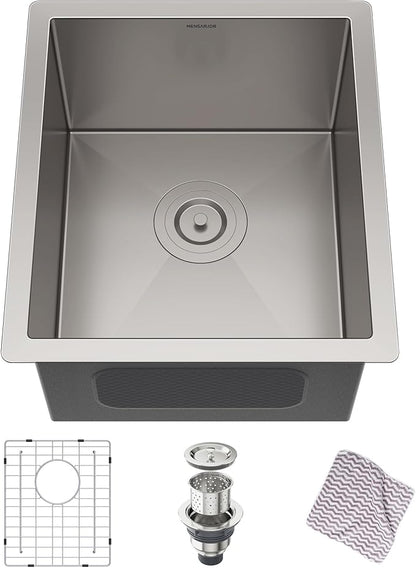 MENSARJOR Undermount Kitchen Sink, 304 Stainless Steel Round Corner Single Bowl Deep Kitchen Sinks, 10-inch Deep Large Bar Sink, 15"X17"Inch