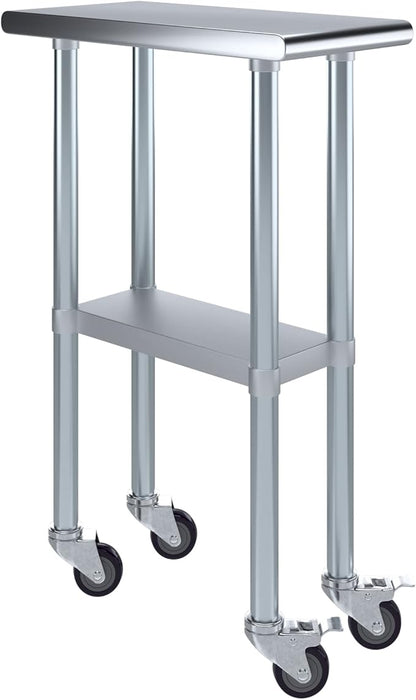 Stainless Steel Work Table with Wheels | NSF Kitchen Island Food Prep | Laundry Garage Utility Bench (Table + Wheels, 12" Long x 24" Deep)