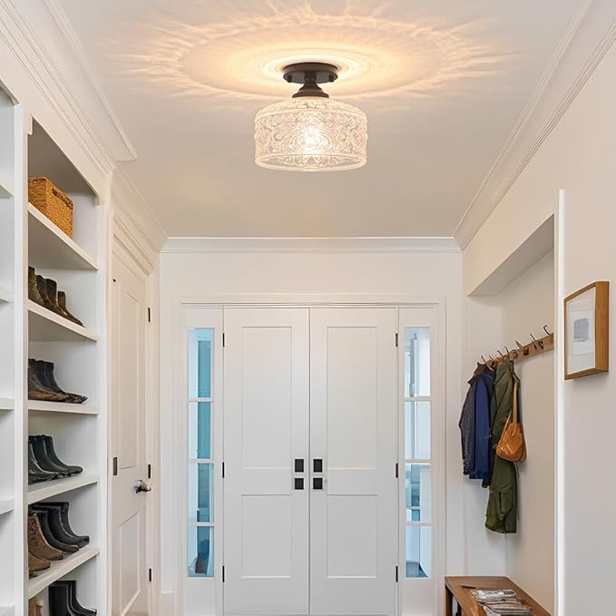 Daunton Small Semi Flush Mount Ceiling Light Fixture, Vintage Matte Black Close to Ceiling Lighting with Etched Glass Shade for Hallway, Kitchen, Entryway (Retro Design, Easy Install)