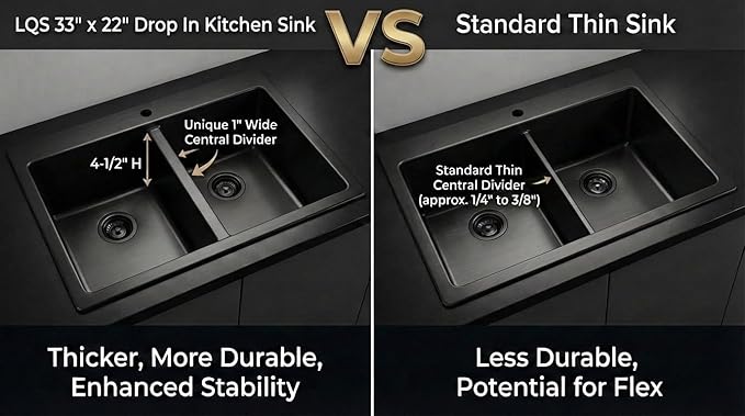 LQS Black Kitchen Sink, 33x22 Drop In Kitchen Sink Black, Top Mount Stainless Steel Sink, Large Capacity, 50/50 Double Bowl Sink with Unique Low-Divider Design For Easier Rinsing and Cleaning