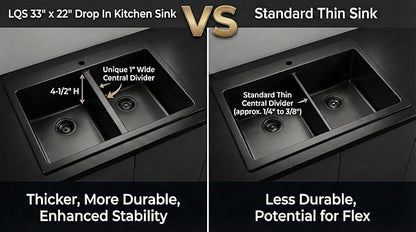 LQS Black Kitchen Sink, 33x22 Drop In Kitchen Sink Black, Top Mount Stainless Steel Sink, Large Capacity, 50/50 Double Bowl Sink with Unique Low-Divider Design For Easier Rinsing and Cleaning