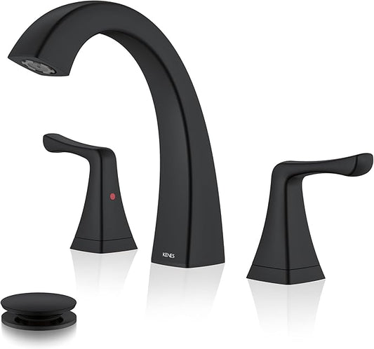 KENES Black Bathroom Faucets for Sink 3 Hole, Matte Black 8 Inch 2 Handle Widespread Bathroom Faucet, Bathroom Vanity Faucet with Pop Up Drain & Supply Lines, LJ-9075-2