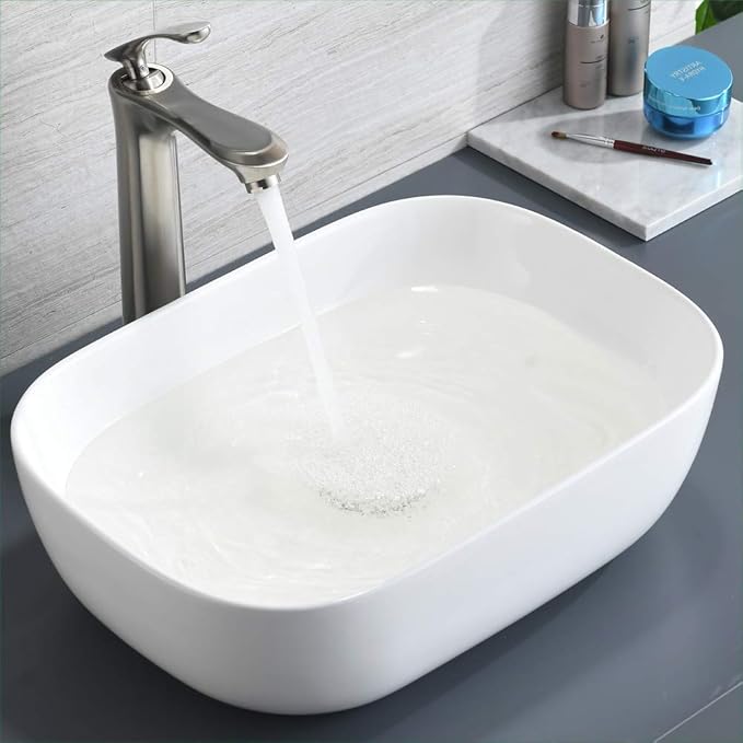 Rectangle Ceramic Vessel Sink, BoomHoze 18"x13" Modern White Vessel Sink for Bathroom Above Counter Lavatory Vanity Porcelain Washinng Art Basin