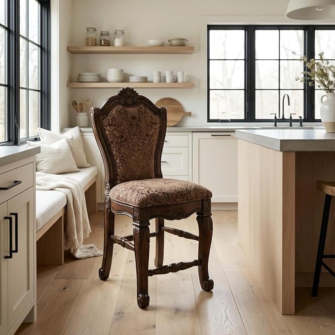 Michael Amini Windsor Court Brown Counter Height Chair Solid Wood Frame Bronze Jacquard Upholstery Set of 2 Comfortable Rubberwood Seating for Kitchen Island