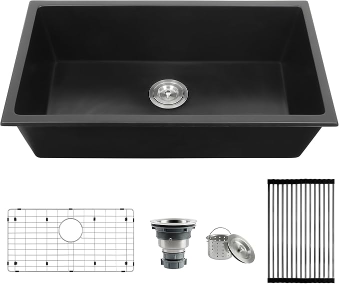 MILOSEN Black Undermount Kitchen Sink, 30''x18'' Single Bowl Granite Comoposite Kitchen Sinks, Large and Deep Sinks with Custom Accessories, Drop in Quartz Sink