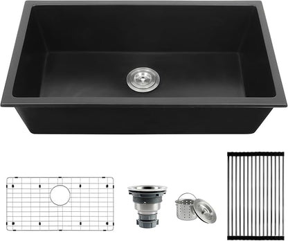 MILOSEN Black Undermount Kitchen Sink, 30''x18'' Single Bowl Granite Comoposite Kitchen Sinks, Large and Deep Sinks with Custom Accessories, Drop in Quartz Sink