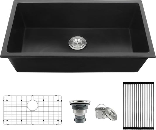 MILOSEN Black Undermount Kitchen Sink, 30''x18'' Single Bowl Granite Comoposite Kitchen Sinks, Large and Deep Sinks with Custom Accessories, Drop in Quartz Sink
