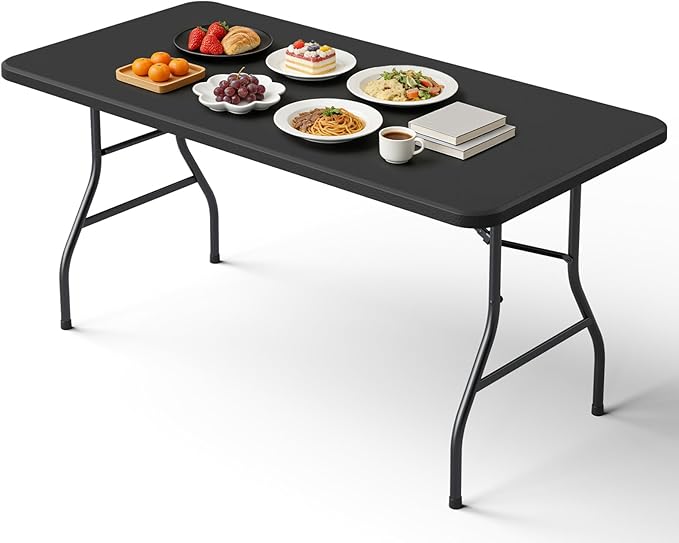 5ft Folding Table, Heavy Duty Plastic Card Table with Foldable Steel Legs, Metal Frame Support up to 500 lb, Portable for Indoor, Outdoor, Picnic, Camping, Dining, Party, Black