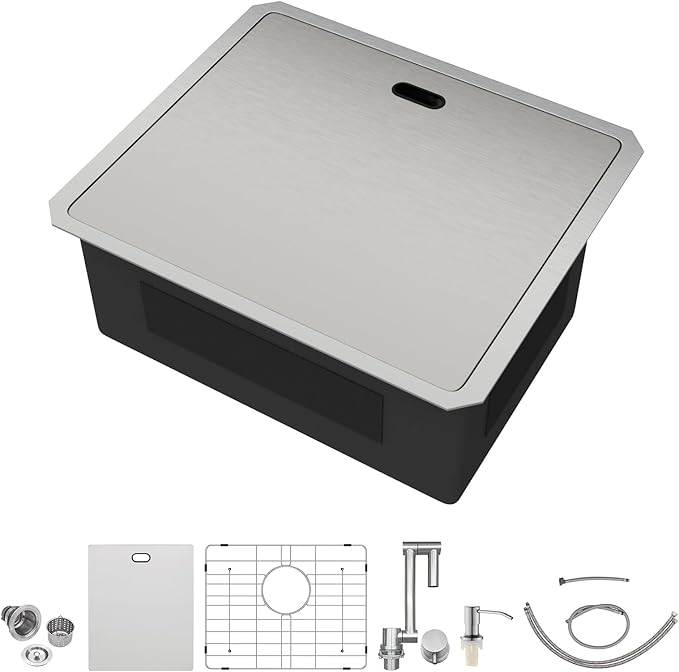 Outdoor Sink 21x18x9 Inch Undermount Bar Sink With Faucet and Cover 16 Gauge Stainless Steel Single Bowl Sinks with Folding Faucet Indoor Outdoor