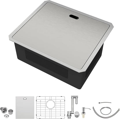 Outdoor Sink 21x18x9 Inch Undermount Bar Sink With Faucet and Cover 16 Gauge Stainless Steel Single Bowl Sinks with Folding Faucet Indoor Outdoor