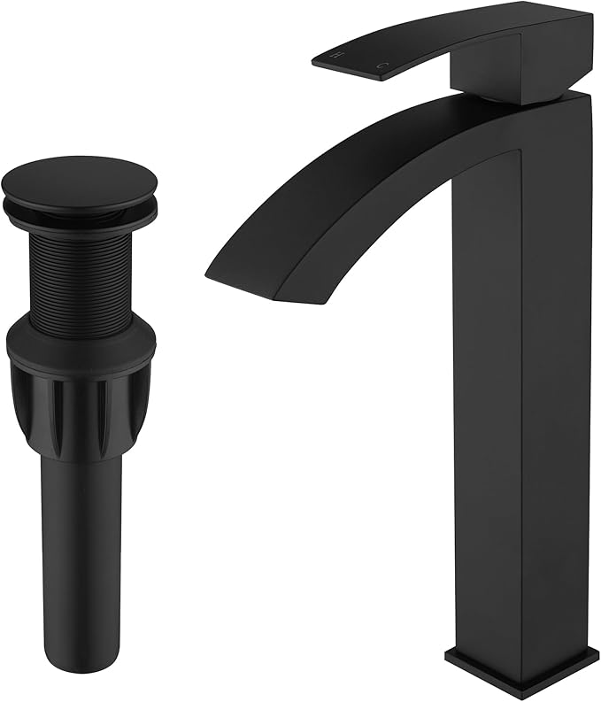 Black Matte Waterfall Vessel Sink Faucet Bathroom, Stainless Steel Tall Bathroom Faucet Single Hole with cUPC Supply Hose and Pop Up Stopper JU-BS101-BK