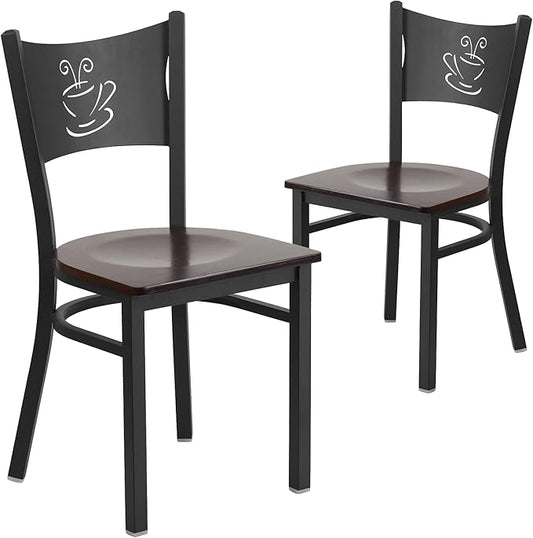 Flash Furniture HERCULES Series Black Coffee Back Metal Restaurant Chair - Walnut Wood Seat