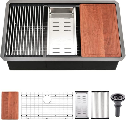 Black Undermount Kitchen Sink, 32x19 Kitchen Sink Undermount Black Stainless Steel Sinks Ledge Workstation 16 Gauge Deep Single Bowl Basin with Cutting Board