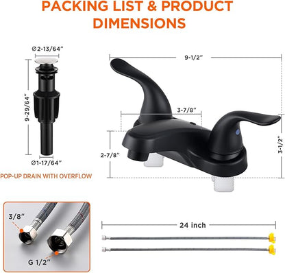Bathroom Sink Faucets 2/3 Hole,Matte Black Dual Handles 4 inch Plastic Plating Over Bathroom Faucet with Pop-up Drain and 2 Supply Hoses for Apartment Rvs Sink Vanity